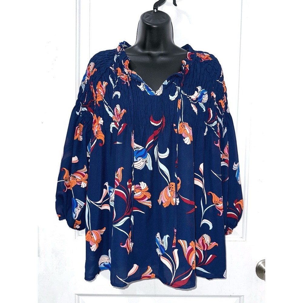 A.N.A. Blue Orange Floral Blouse, ruffle neck, v-neck w/ tie, & smocked details